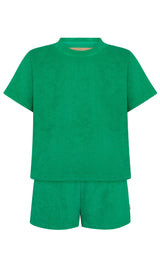 Araminta James matching set green terry towelling cropped top and short set 100% cotton