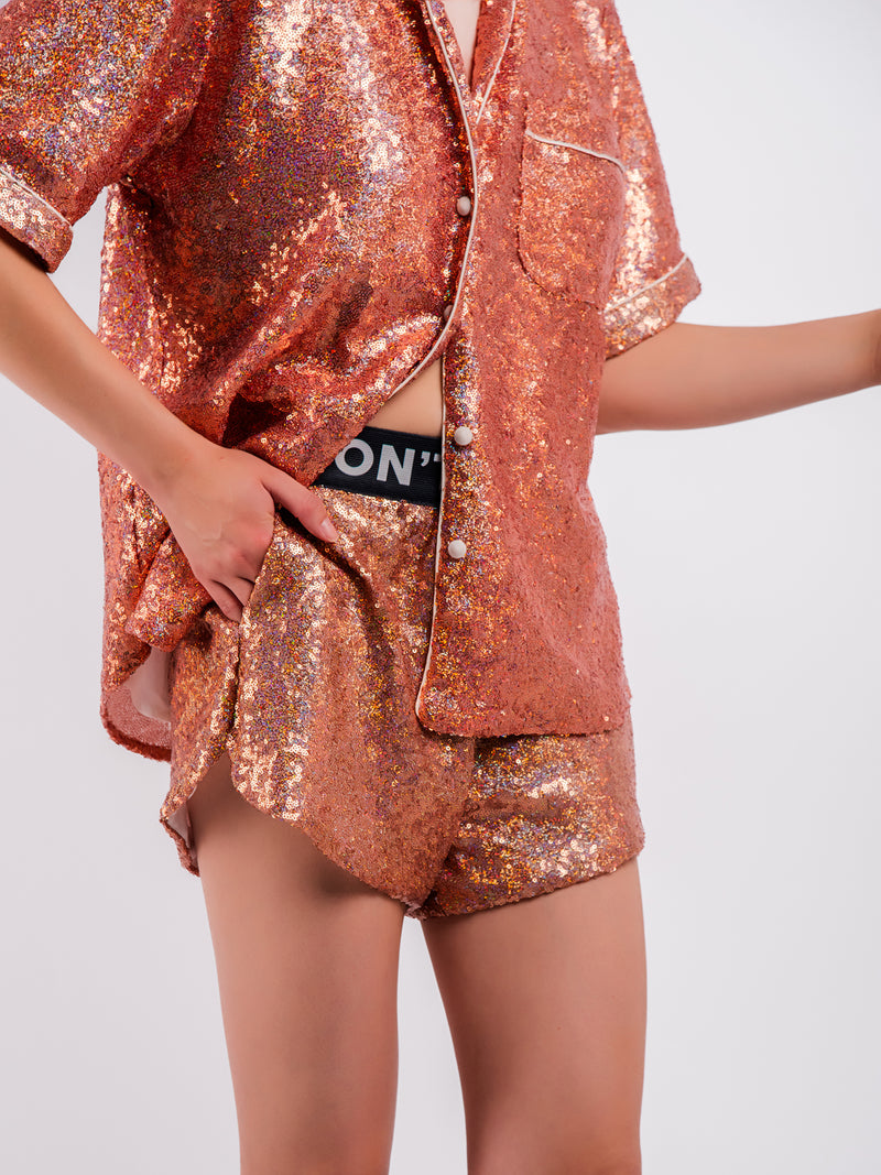 House of MUA MUA rose gold sequin embroidered matching short set