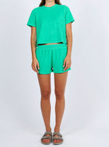 Araminta James matching set green terry towelling cropped top and short set 100% cotton 