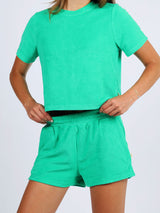 Araminta James matching set green terry towelling cropped top and short set 100% cotton