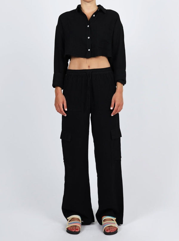 Nia The Brand cropped black gauze trouser set matching set button up shirt 