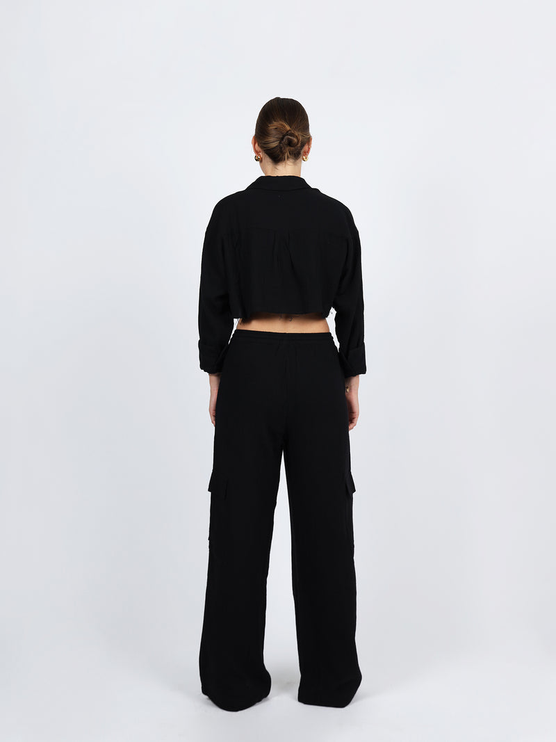 Nia The Brand cropped black gauze trouser set matching set button up shirt