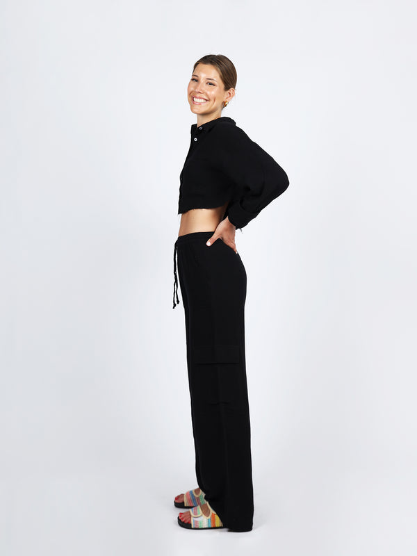 Nia The Brand cropped black gauze trouser set matching set button up shirt