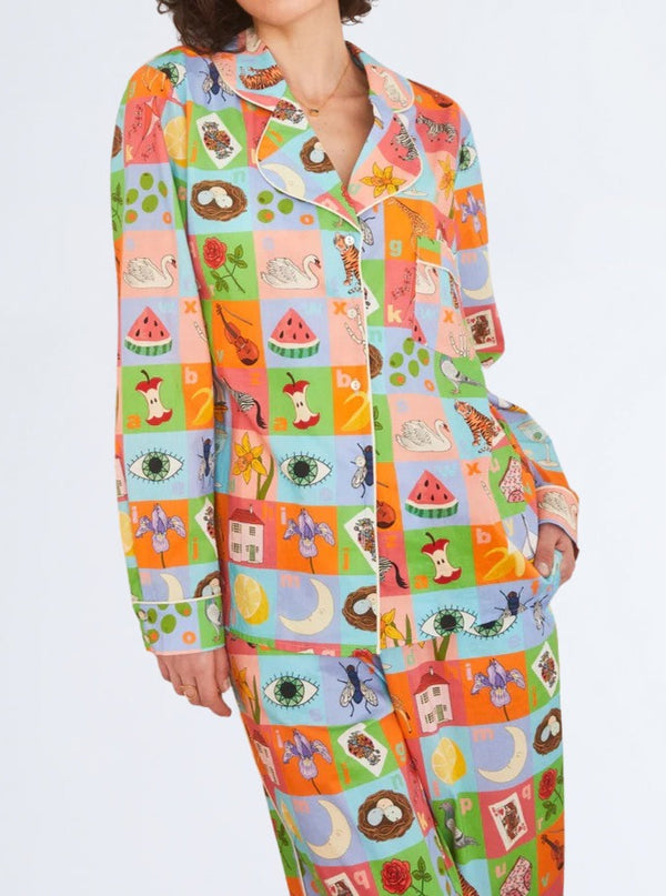 Alphabet print pyjamas 100% cotton matching set Karen Mabon sleepover