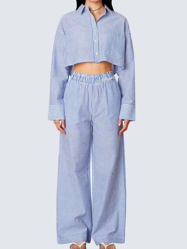 Nia the Brand cropped striped trouser set cotton elasticated waistband 