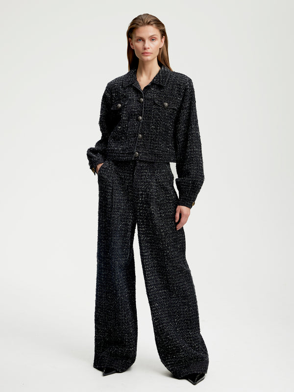 Black Jeanetta Tweed Set vintage Chanel inspired 100% cotton luxury matching set puff sleeve button up jacket trousers 