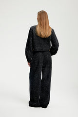 Black Jeanetta Tweed Set vintage Chanel inspired 100% cotton luxury matching set puff sleeve button up jacket trousers