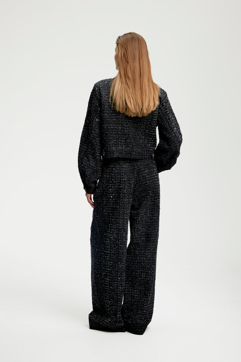 Black Jeanetta Tweed Set vintage Chanel inspired 100% cotton luxury matching set puff sleeve button up jacket trousers