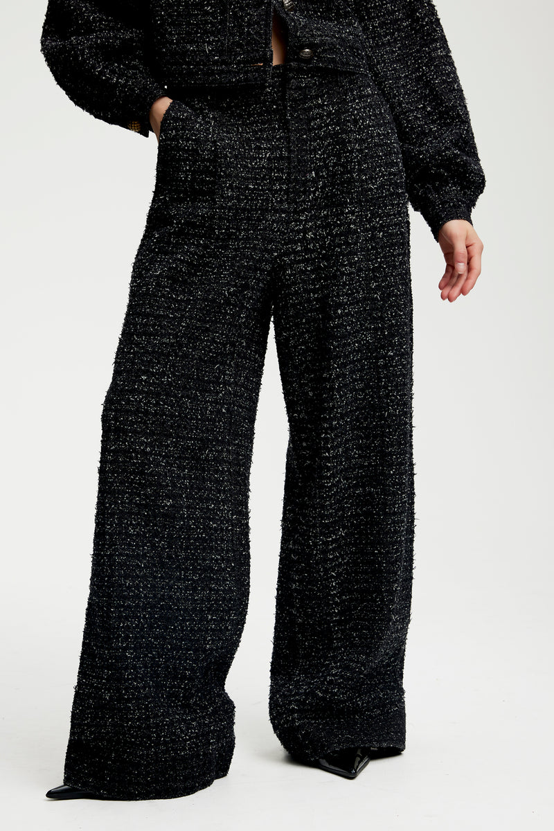 Black Jeanetta Tweed Set vintage Chanel inspired 100% cotton luxury matching set puff sleeve button up jacket trousers